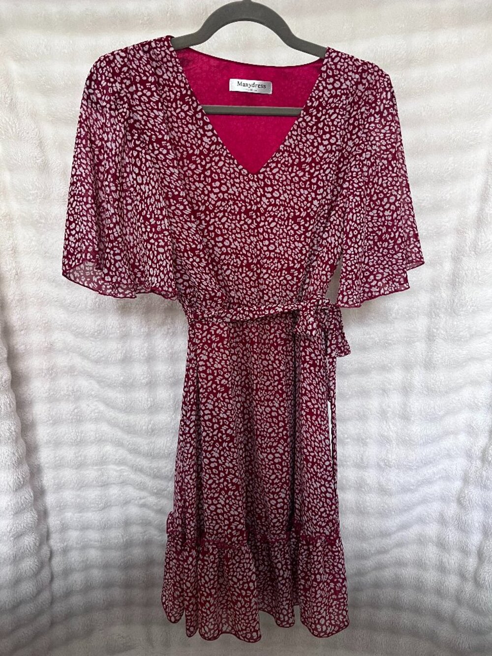 Manydress Burgundy Leopard Print Wrap Midi Dress - Small